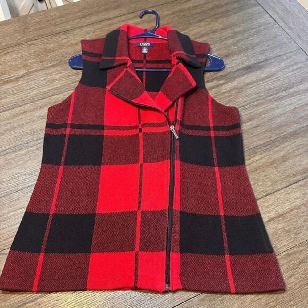 Chaps Red Black Buffalo Plaid Zip Front Sweater Vest Sleeveless Winter Womens  M